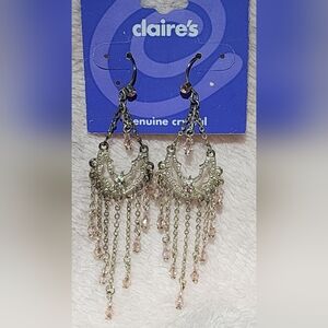Claire's Silver Tone Chandelier Earrings with Pink Beads and Rhinestone Accents